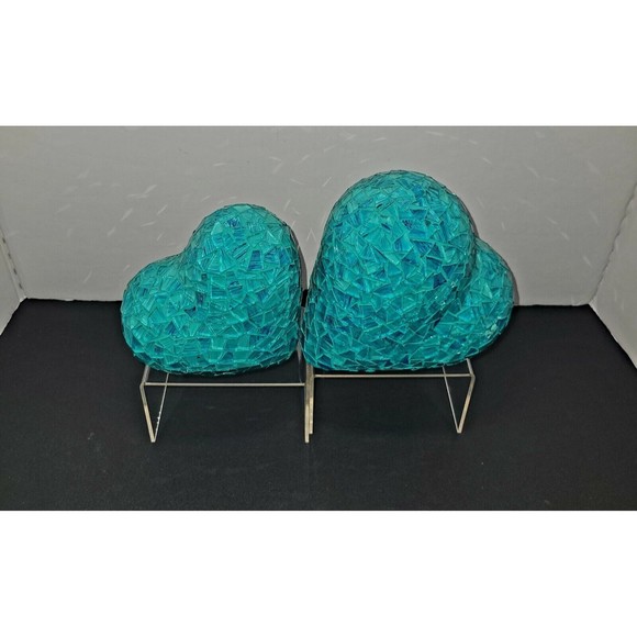 Vintage Teal Mosaic Art Glass Hearts Set Of 2 Tabletop 6"+ 5" Paperweight Decor - Picture 4 of 11